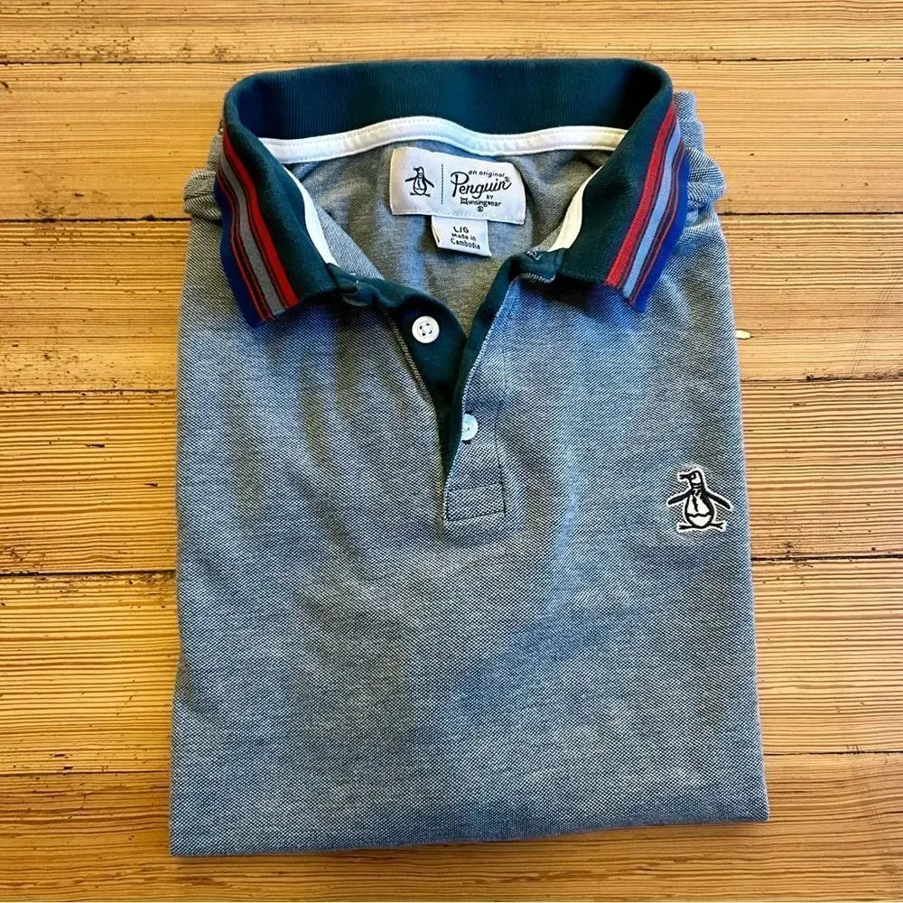 Penguin stripe collar pique pop short sleeve polo. Size L.
